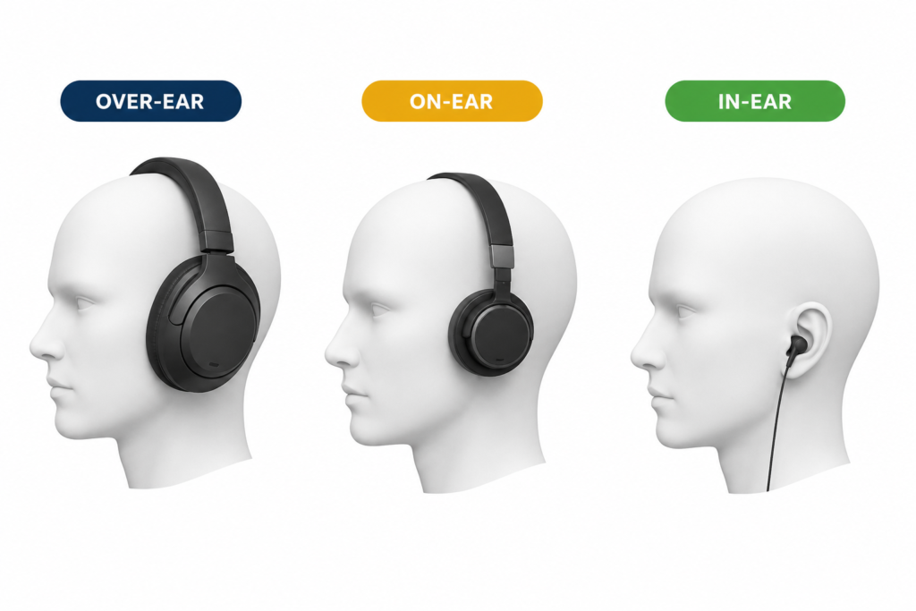 os tres tipos de fone de ouvido, over-ear, in-ear e on-ear