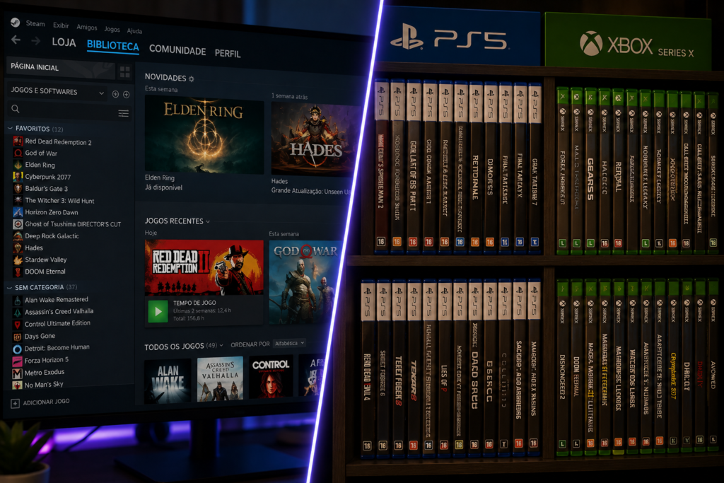 biblioteca de jogos dos pc gamers e dos consoles/video games