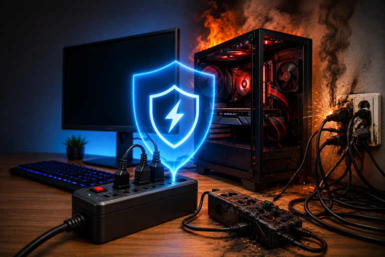 computador em curto com muitos aparelhos na mesma tomada