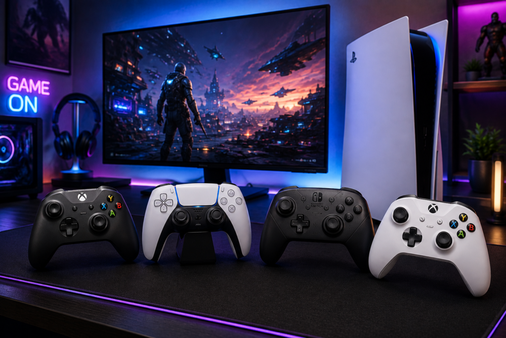 Diversos controles compatíveis com PC e consoles de videogame.