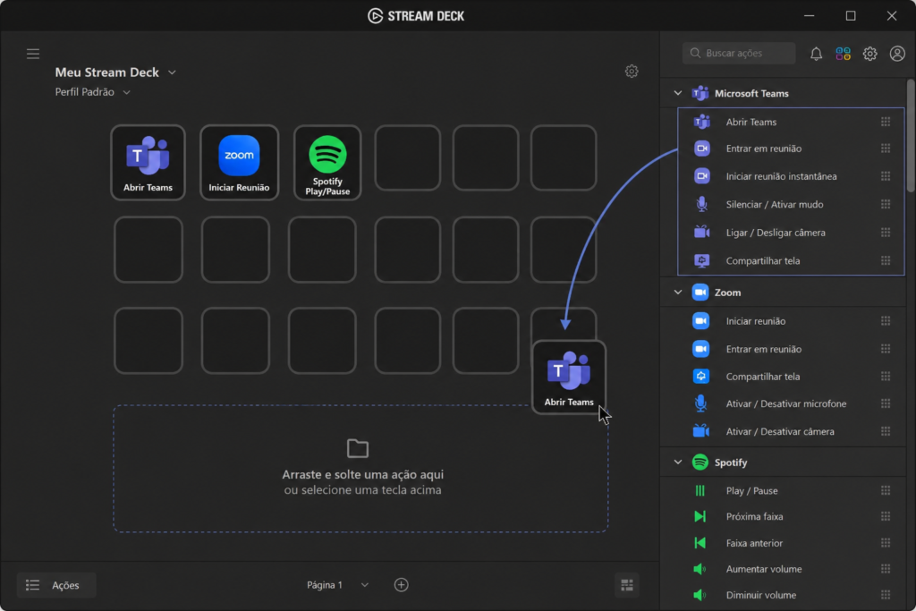Interface do software Elgato Stream Deck configurando atalhos de rotina