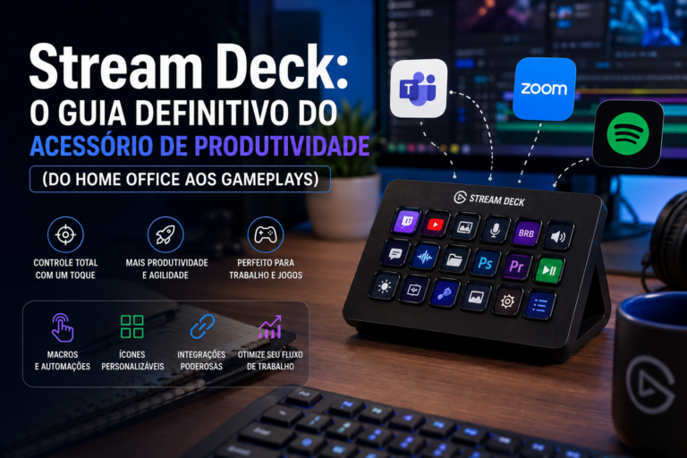 Descubra o que é um Stream Deck, como funcionam as teclas LCD personalizáveis, automação por macros e por que ele se tornou indispensável para produtividade no trabalho e no dia a dia.