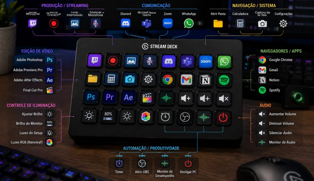 exemplo de um stream deck configurado com diversos botões de funcionalidades e aplicativo uteis para o dia a dia