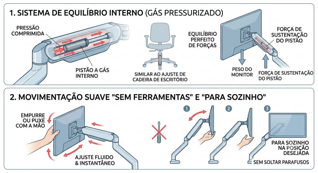 como funciona o pistão dos suportes articulados