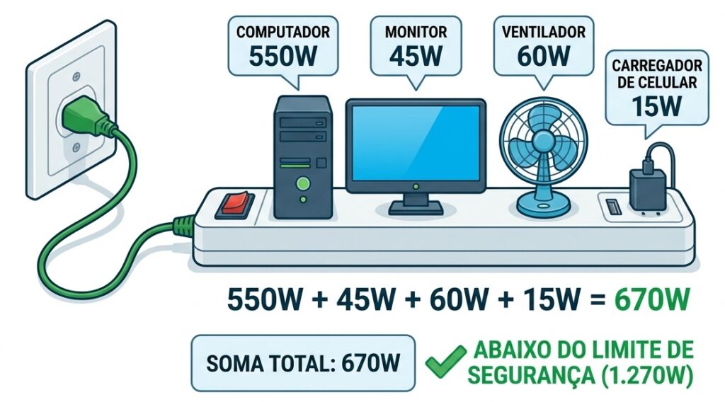 exemplo da soma de watts de aparelhos em uma mesma tomada