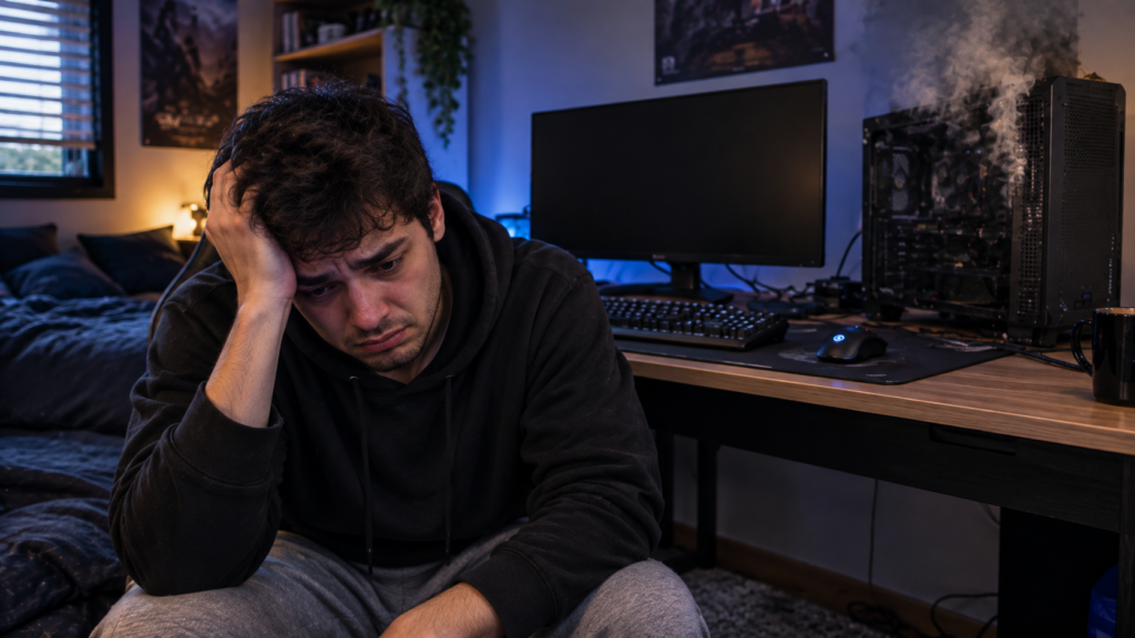 jovem triste porque seu computador parou e precisa de um upgrade