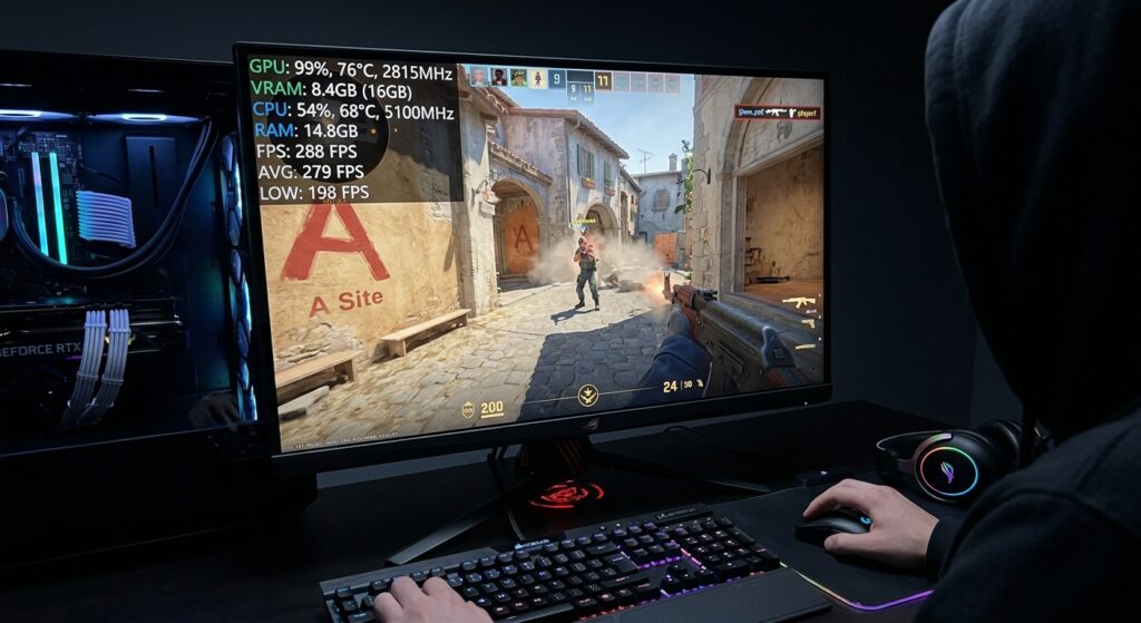 Overlay do MSI Afterburner mostrando uso de CPU, GPU e memória RAM em jogos.