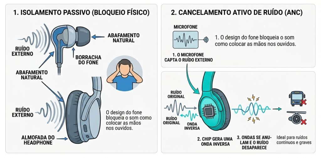 explicação do isolamento passivo e do cancelamento ativo de ruido (anc)
